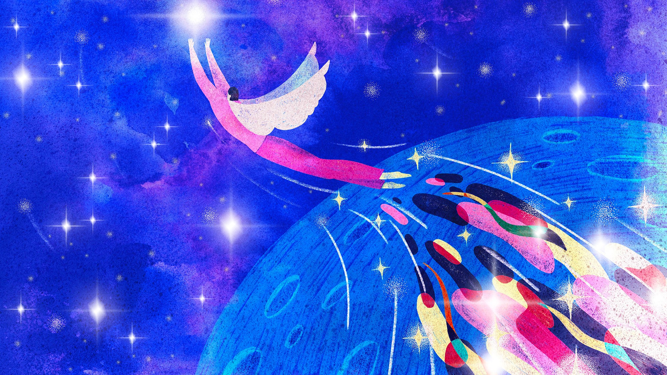 Cover Photo: A celestial human-shaped figure with wings flying into space with a tail of colors flying behind them