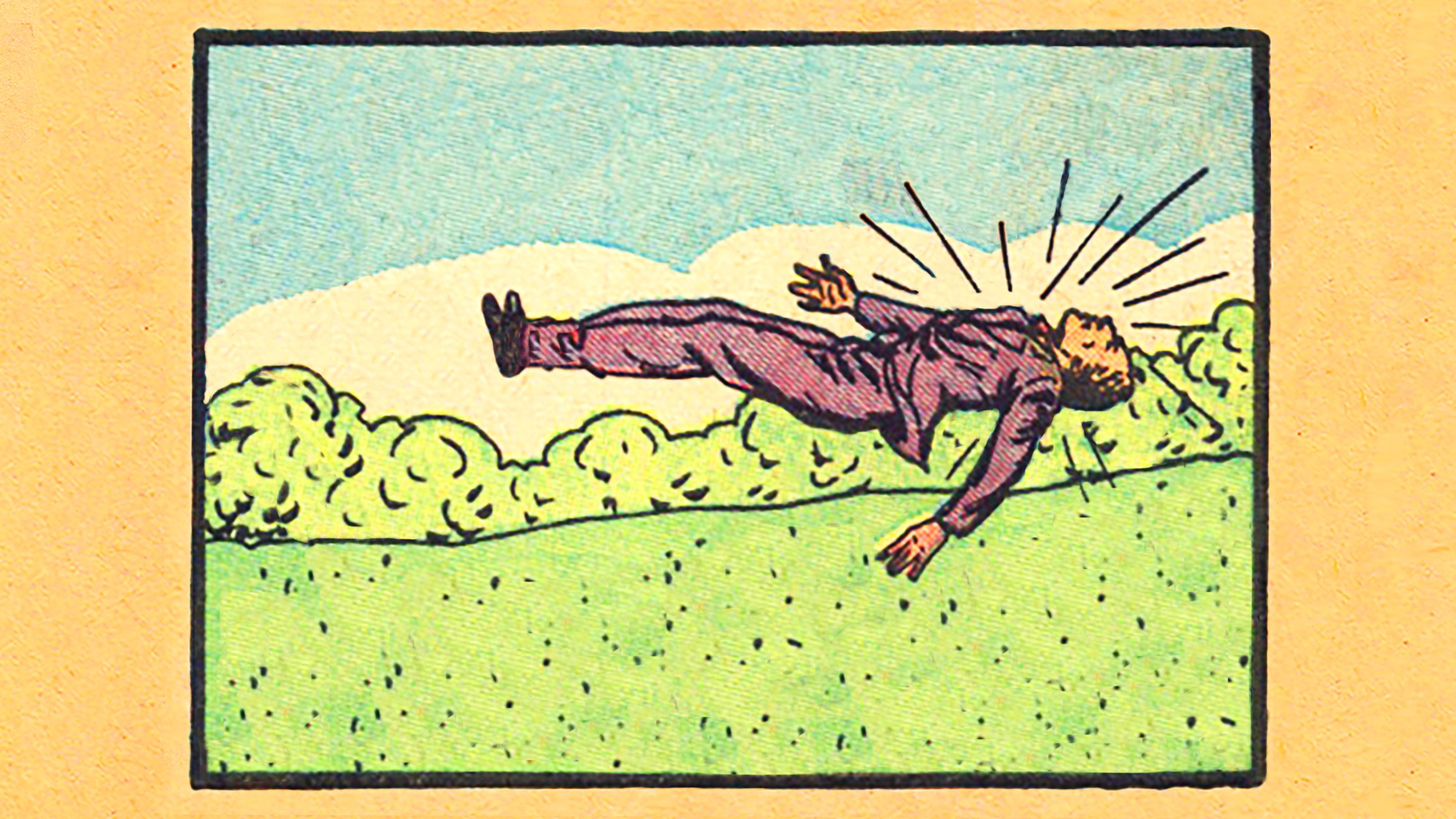 Cover Photo: A collage by Johnny Damm made from a vintage comic book. The collage is of a white man in a purple suit floating in the air above a field of green. He appears to be jumping backwards, facing up toward the sky with lines coming from his body representing movement.