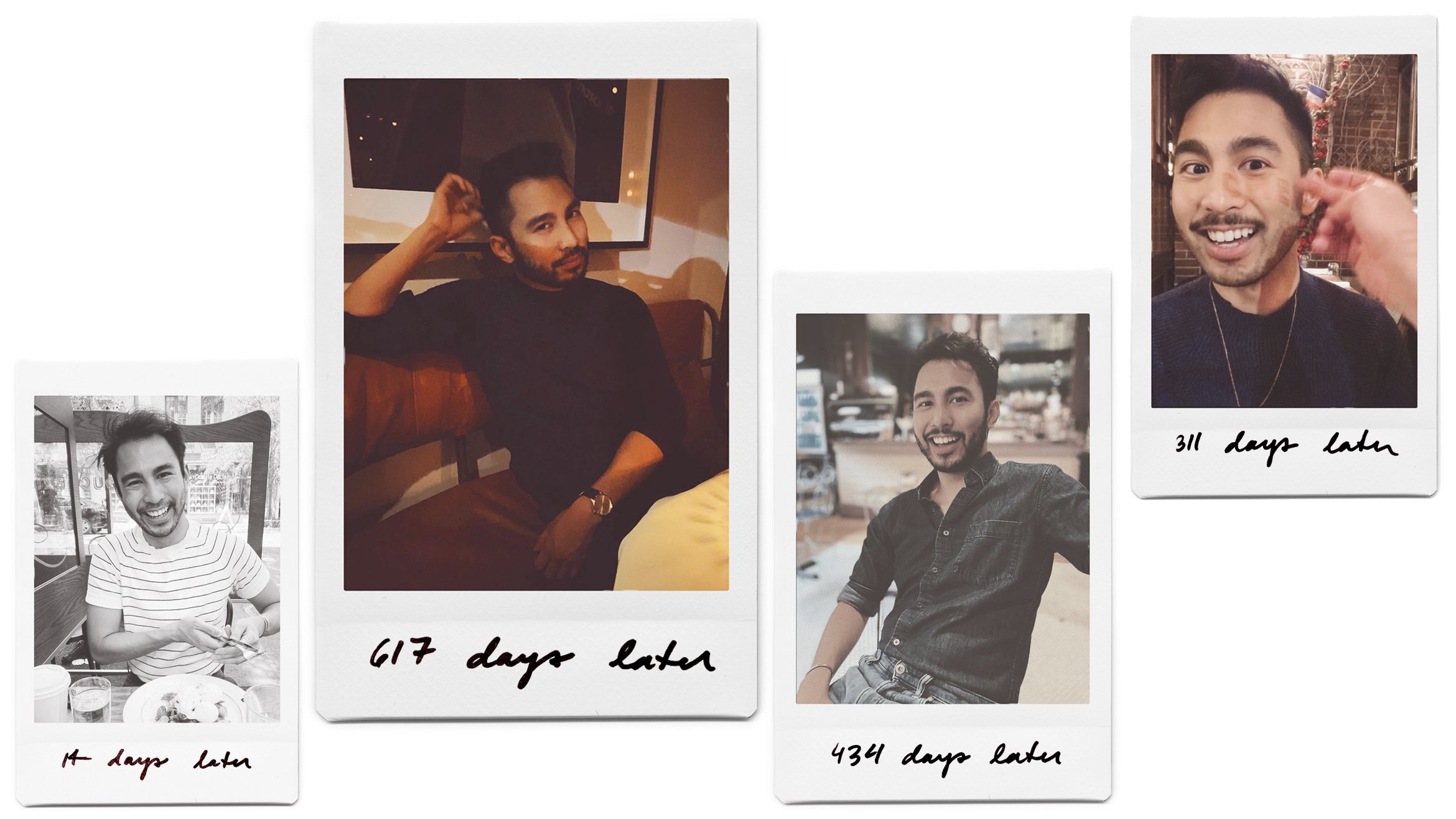 Cover Photo: A Polaroid-style photo collage of the author, Matt Ortile, taken across various  indoor and outdoor restaurant tables. Handwritten at the bottom of each photo is the number of days that have passed since his mother's death: 14 days later, 617 days later, 434 days later, and 311 days later.