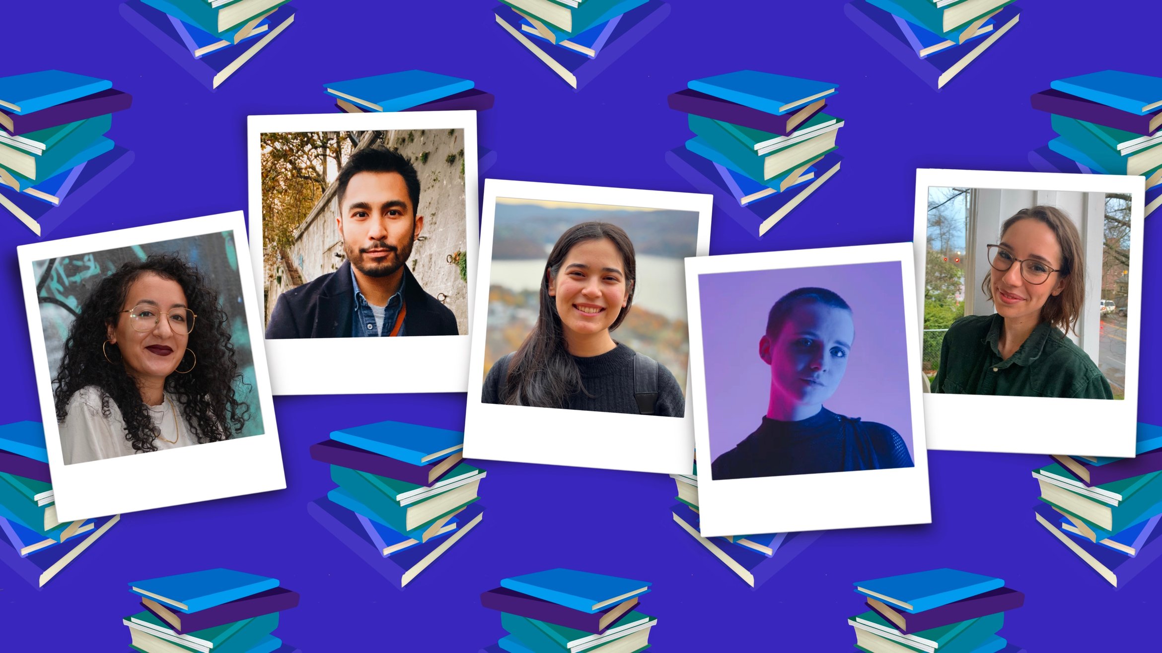 Cover Photo: This header image has a blue background with a pattern consisting of stacks of books. In the center, we see five polaroid pictures, one for each editor in the discussion.