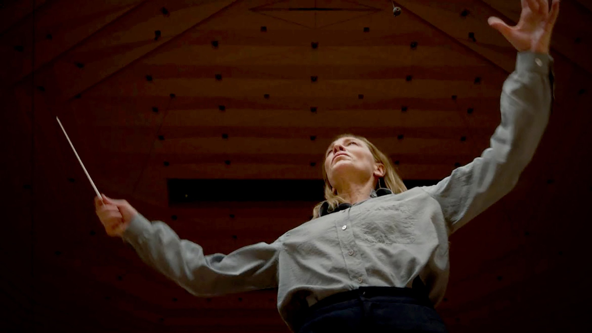 Cover Photo: A screenshot of Cate Blanchett as Lydia Tàr from the film Tàr. She is holding a conductor's baton and has her arms spread wide.