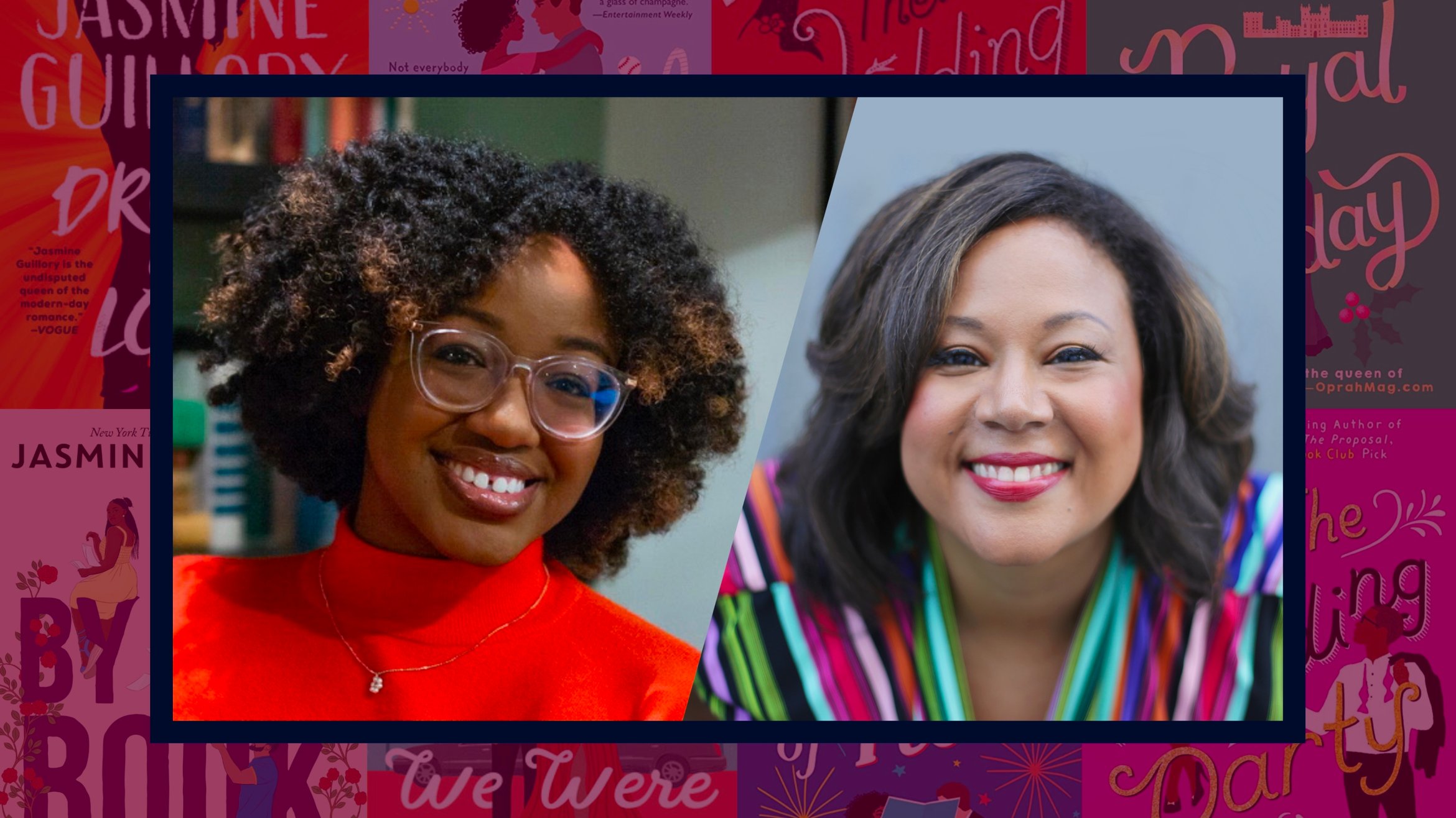 Cover Photo: On the left is Arriel Vinson's headshot; on the right is Jasmine Guillory's. Behind them is a mosaic of Guillory's book covers.