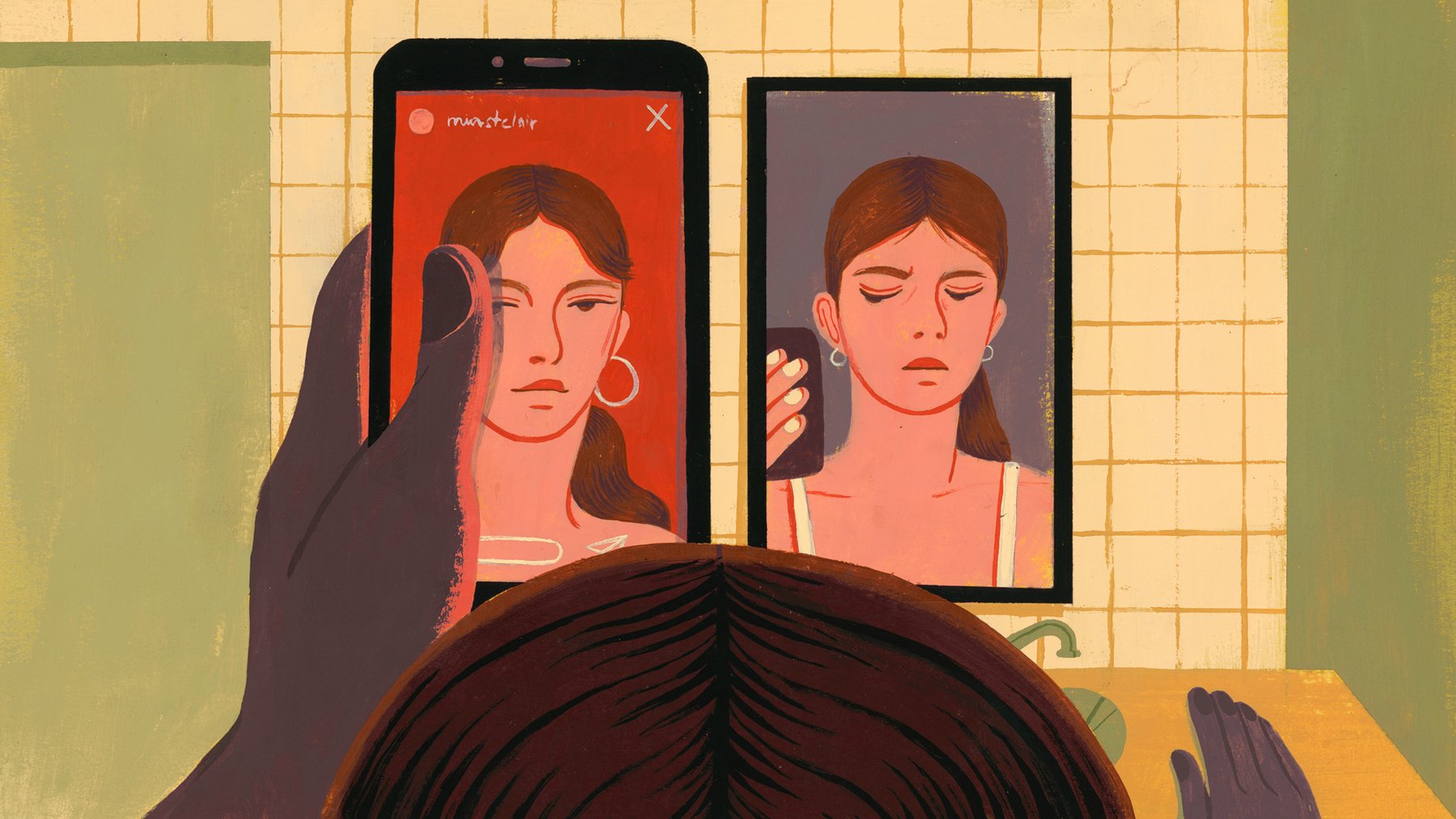 Cover Photo: An illustration of a woman staring at a bathroom mirror and comparing herself to an image of a similar-looking woman on her phone