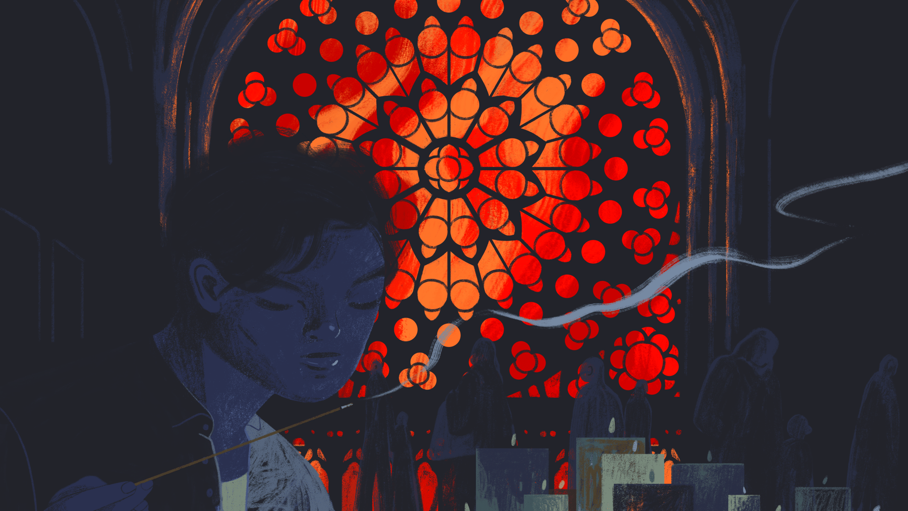 Cover Photo: An illustration of the author in silhouette against a stained glass window, beyond which is the night sky on fire