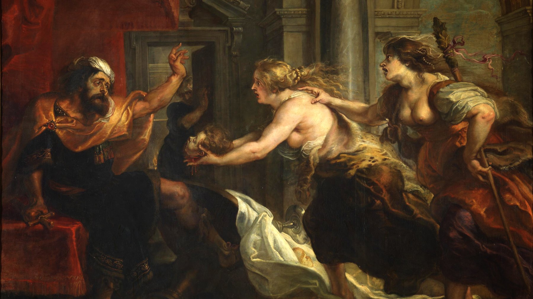 Cover Photo: In this painting, based on the myth of Philomela in Ovid’s Metamorphoses, we see a man holding up a hand in protest, a look of horror on his face, as two women rush towards him, one of them holding the decapitated and still bloody head of a child in her hands. The colors are rich and the style feels classic Roman or Greek.