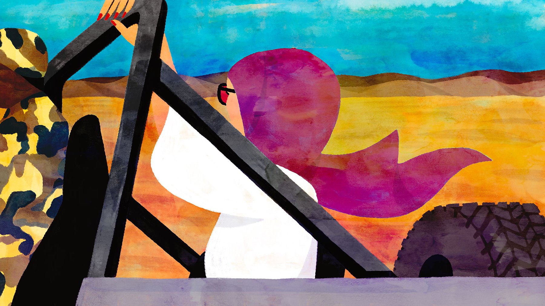 Cover Photo: An illustration of a white woman holding the crossbar of a Jeep as she rides through the desert. She is wearing sunglasses and a fuchsia headscarf and her face is turned away from the viewer. Driving the Jeep is a Black man in army fatigues.