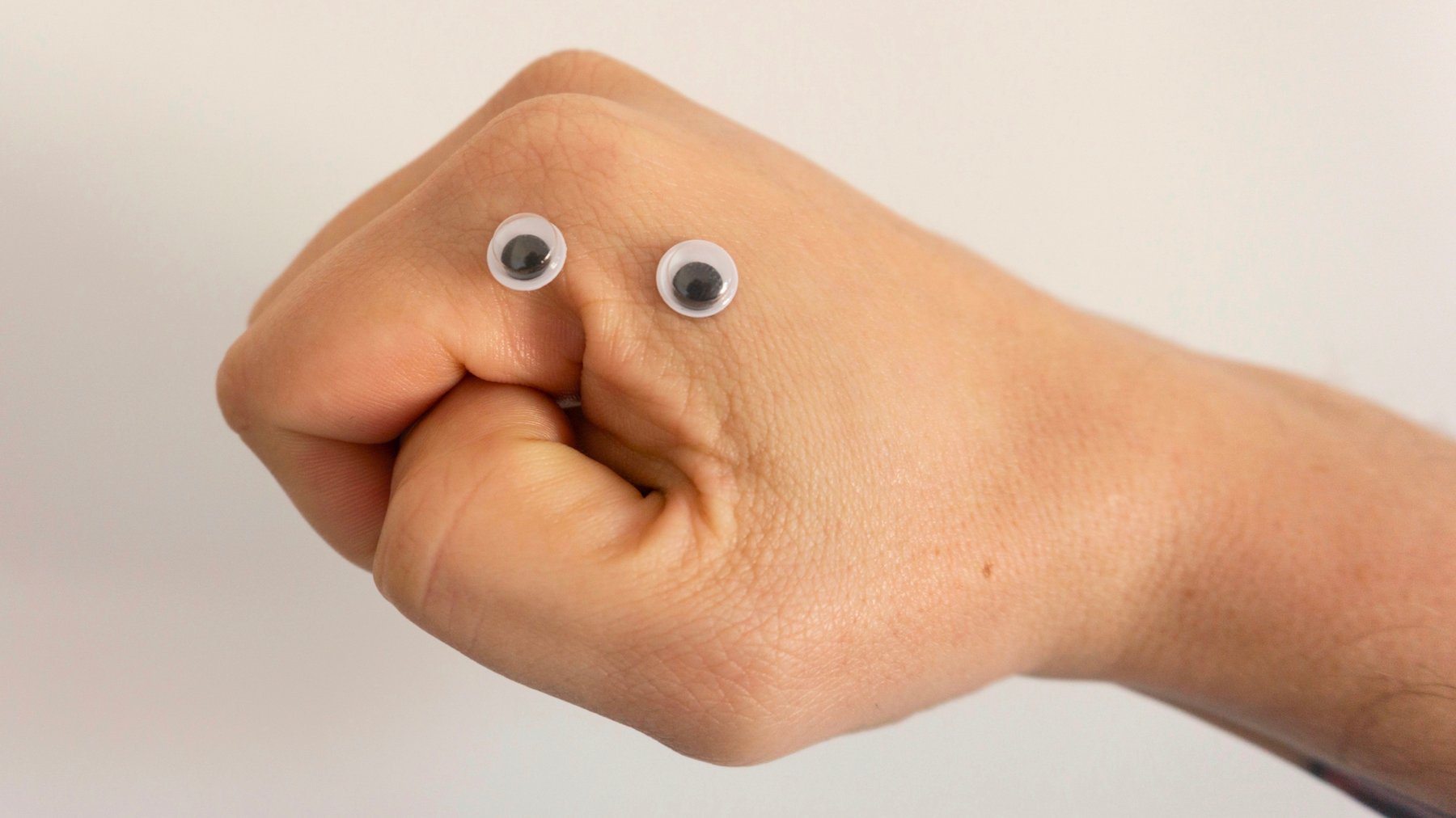 Cover Photo: This image is a photograph of a hand, turned sidewise so it looks like the thumb meeting the fingers is a face. There are googly eyes stuck to the hand above its "mouth."