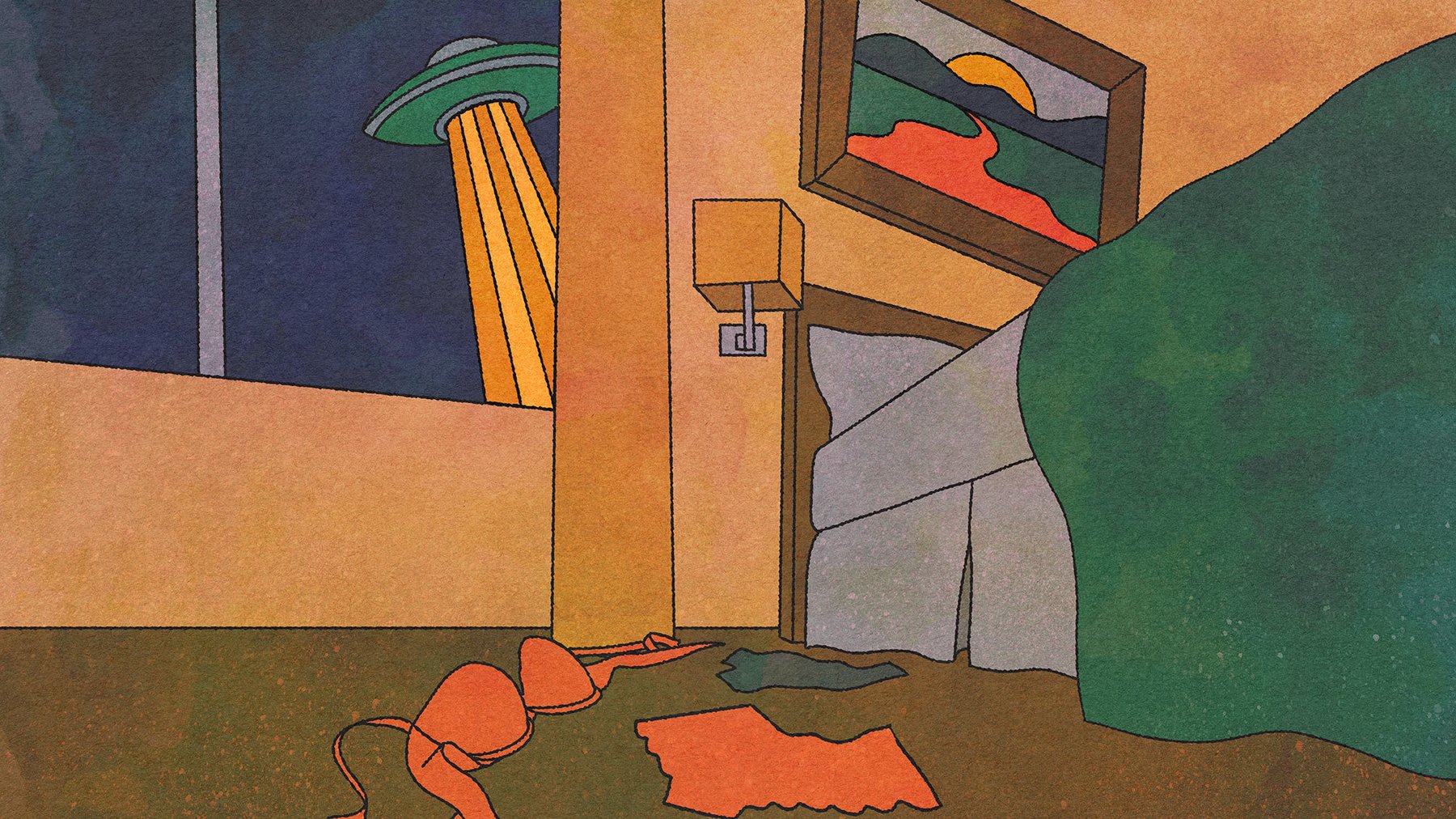 Cover Photo: An illustration of a hotel room, with clothing strewn about the floor; out the window, a UFO flies by