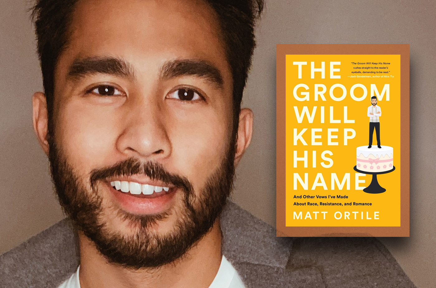 Photo of Matt Ortile with the cover of "The Groom Will Keep His Name"